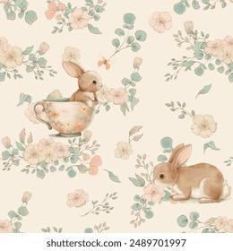 Holiday invitation, greeting card floral, floral frame pastel colors, cute bunny - Powered by Shutterstock