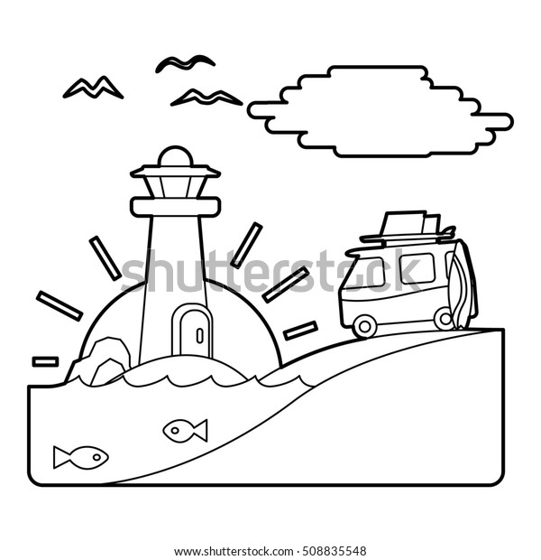 Holiday on car by sea concept.\
Outline illustration of holiday on car by sea  concept for\
web