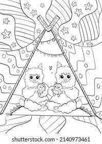 Holiday Party White Background Black Outline Coloring Book Pages For Adults Kids Children Cute Sweet Small Kawaii Mammals Alpaca Llama Twin Babies Camp Playing Home Hygge Chinese Korean Asian Style