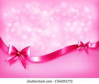 Holiday pink background with gift glossy bows and ribbon. 