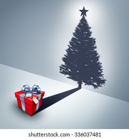 Holiday Present Dream Concept As A Gift Casting A Shadow Shaped As A Decorated Christmas Tree As A Surreal Winter Celebration Metaphor For The Spirit Of Giving And Xmas Celebration Symbol.