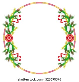 Holiday round frame with pine branch, snow-flakes and cones. Raster clip art.