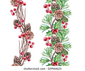 Holiday Seamless Border Design Elements, Christmas Garland, Watercolor Illustration Isolated On White Background