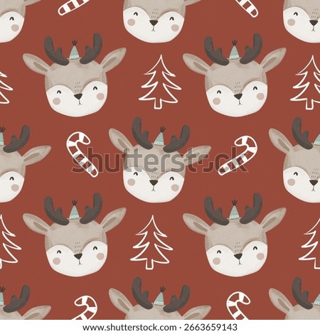 holiday seamless pattern with deer, decor elements. Merry Christmas. Colorful illustration, flat style. design for fabric, print, wrapper