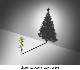 Holiday Season Aspirations concept as a pine tree sapling dreaming of glory casting a shadow shaped as a tall decorated Christmas tree with a star as a surreal winter with 3D illustration elements. - Powered by Shutterstock