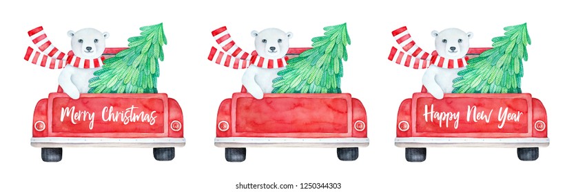 Holiday season set pickup truck and Christmas tree   polar bear character  Traditional red   green colours  Use blank variation to add your text wishes  Watercolour art painting white 