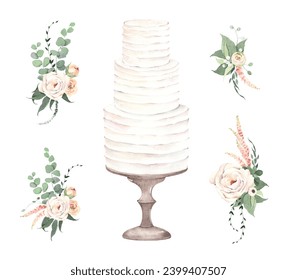 Holiday set with cake on stand and isolated floral decorations, watercolor isolated collection for greeting or wedding invitation cards, design decoration elements. - Powered by Shutterstock