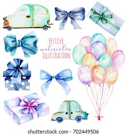 Holiday set of watercolor gift box, air balloons, cars, bows, wine glasses in blue shadows, hand painted isolated on a white background