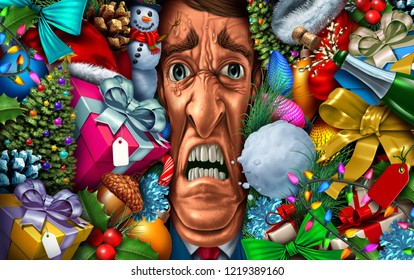 Holiday Stress And Christmas Shopping Or Feeling Overwhelmed In The New Year As A Psychology Concept With 3D Illustration Elements.