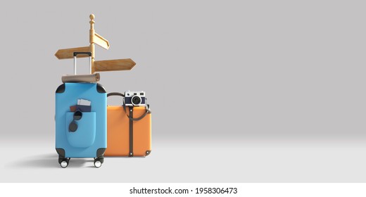 Holiday And Travel Concept. Blue And Orange Suitcase, Hat And Camera With Wooden Direction Signpost On Gray Background With Copy Space. 3d Rendering