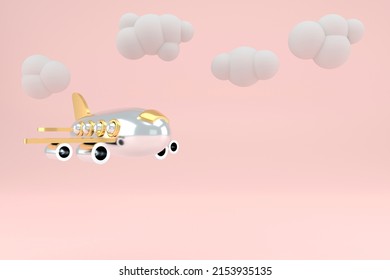 Holiday Vacation Travel Concept: Toy Airplane Flying High. Airport Travel Transportation Billboard Banner Template Invitation Ticket Mockup With Copy Space. 3d