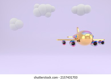 Holiday Vacation Travel Concept: Toy Airplane Flying High. Airport Travel Transportation Billboard Banner Template Invitation Ticket Mockup With Copy Space. 3d