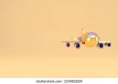 Holiday Vacation Travel Concept: Toy Airplane Flying High. Airport Travel Transportation Billboard Banner Template Invitation Ticket Mockup With Copy Space. 3d