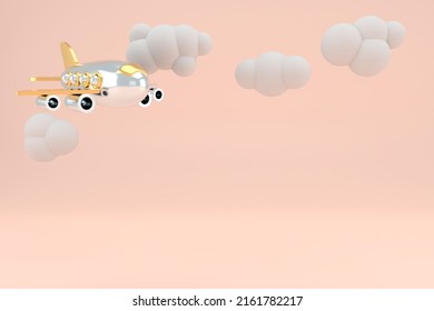 Holiday Vacation Travel Concept: Toy Airplane Flying High. Airport Travel Transportation Billboard Banner Template Invitation Ticket Mockup With Copy Space. 3d