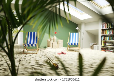 Holidays On The Beach With A Deck Chair At Home During The Coronavirus Lockdown In The Attic (3D Rendering)