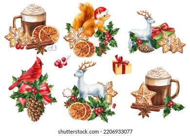 Holly, Coffee, Pine Cone, Gift And Animal Isolated On White Background. Set Of Watercolor Winter Element. 