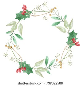 Holly Festive Watercolor Leaves Berries Wreath Stock Illustration ...