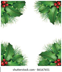 Holly with pine branches and red berries for a seasonal christmas holiday decorative evergreen border frame representing festive winter garland ornament on a white background.
