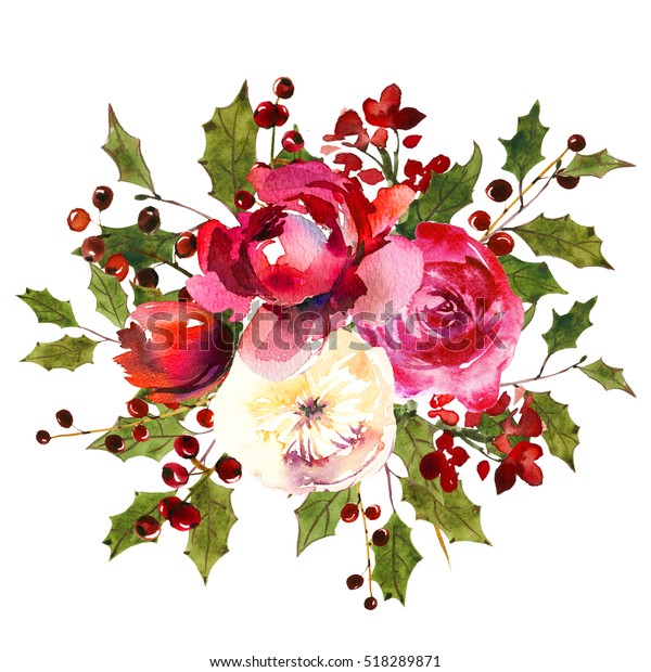 Holly Steams Bouquet Red Berries Flowers Stock Illustration 518289871