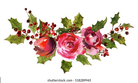 Holly Steams Bouquet Red White Flowers Berries Leaves Christmas Watercolor Drawing Isolated On White Background.