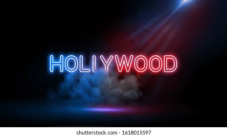 HOLLYWOOD, A larger-than-life symbol of the entertainment business | Country name in neon light effect, Studio room environment with smoke and spotlight. 