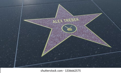 Hollywood Walk Of Fame Star With ALEX TREBEK Inscription. Editorial 3D Rendering