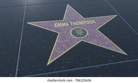 Hollywood Walk Of Fame Star With EMMA THOMPSON Inscription. Editorial 3D Rendering