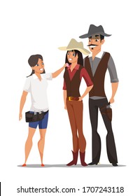 Hollywood Western Movie Shooting Process Illustration. Actors, Makeup Artist Cartoon Characters On Set. Tv Series Filming Scene. Male And Female Stars At Work Isolated Drawing. Raster Copy