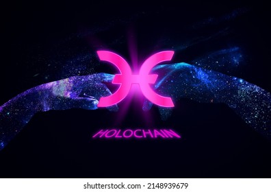Holochain, Holo HOT Cryptocurrency Symbol And Text On Abstract Background.