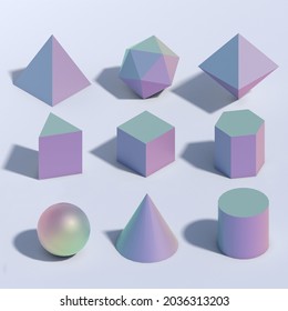 Hologram 3d Geometric Shapes. Cube, Prism, Pyramid, Tetrahedron, Polyhedron, Sphere, Cylinder, Cone, Solids Isolated On A White Background.