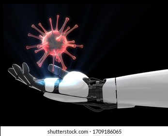 Hologram 3D Of Virus Human On Robot Hand, Covid 19 Concept. 3D Rendering.