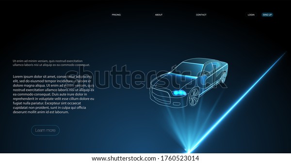 Hologram auto, futuristic\
polygonal model auto. 3D isometric image of a smart or intelligent\
car.  Smart auto ai hud. Driverless car working modes \
illustration.