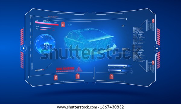 Hologram car. Futuristic auto in style low poly\
, wireframe in line. Car service in the style of HUD, Cars\
infographic ui, analysis and diagnostics in the HUD, UI, GUI style,\
futuristic user\
interface