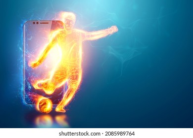 A hologram of a football player running out of a smartphone screen. The concept of sports betting, football, gambling, online broadcast of football - Powered by Shutterstock