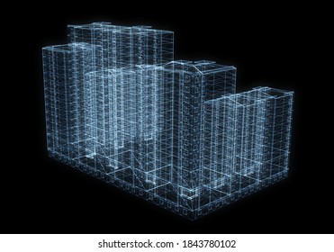 Hologram Futuristic Building. Looks Like Plexus Effect. 3d Illustration On Black Background