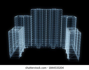 Hologram Futuristic Building. Looks Like Plexus Effect. 3d Illustration On Black Background