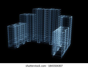 Hologram Futuristic Building. Looks Like Plexus Effect. 3d Illustration On Black Background