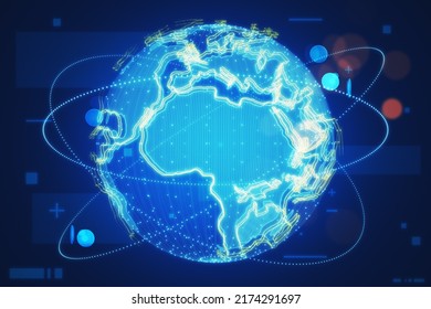 Hologram of globe. A holographic projection of planet earth. Flickering energy particles on blurry creative dark background. Science, future and globalization concept. 3D Rendering