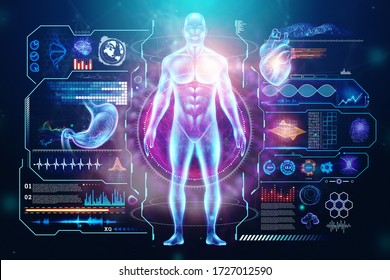 Hologram Human Body Health Care of the Future High Tech Diagnostic Panel. Modern medical science in the future. 3D illustration, 3D rendering