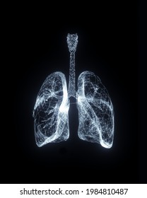 Hologram lung. Pain in the lungs from polygons, triangles, dots and lines. Lung is a low poly compound structure. The technology concept. 3d illustration, 3d rendering.