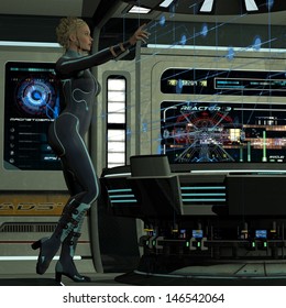 Hologram Operations - A Young Woman In Command Of Operations On A Spaceship Uses A Hologram To Carry Out Maneuvers In Space.