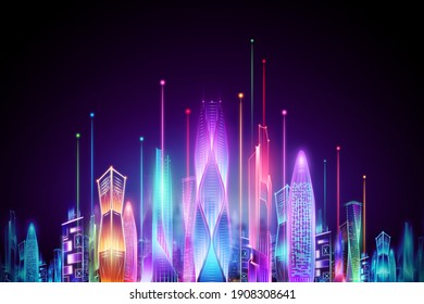 Hologram Smart City Night Neon On Dark Background, Big Data Transmission Technology Concept. 3D Rendering, 3D Illustration