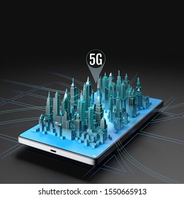 Hologram Of Smart City On The Phone Screen And Icon Of The 5g Above The Town. 3d Illustration.