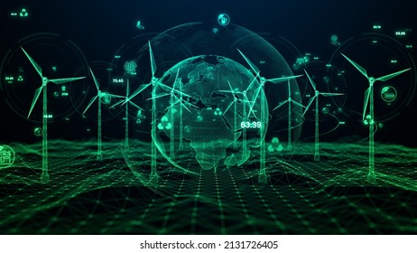 Hologram Wind Turbine Green Energy Concept, Renewable Energy Production For Green Ecological World, Wind Farm Technology Abstract Background 3d Rendering