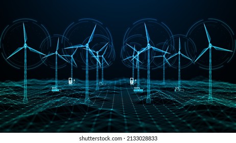 Hologram Wind Turbine Green Energy Concept, Renewable Energy Production For Green Ecological World, Wind Farm Technology Abstract Background 3d Rendering