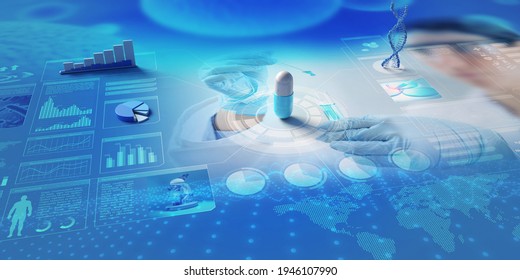 Holograms Of Capsule; Charts And DNA Helix On Scientific Backdrop. 3D Illustration. Concept About Pharmaceutical Research And Development; Biochemical Industry.