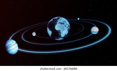 Holograms Of The Planet Earth, Moon, Jupiter Moving Along An Ellipse In Space 3d Illustration