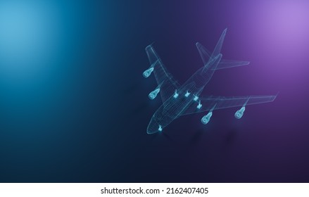 Holographic 3D Airplane Model With Copy Space. Aerospace Industry And Engineering Background. 3D Rendering.