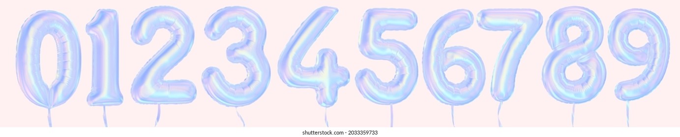 Holographic balloon numbers 1, 2, 3, 4, 5, 6, 7, 8, 9, 0 isolated. 3d digit font futuristic neon color illustration for anniversary banner, birthday greetings, holiday celebration decoration elements.
