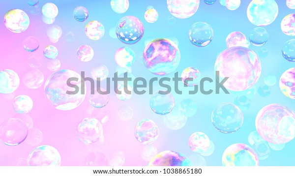 ホログラフィックバブル 3dイラスト 抽象的な背景 おとぎの壁紙 宇宙 惑星 ピンク 青 空想 女の子 一角獣の色 のイラスト素材